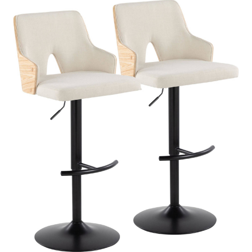 Stella Adjustable Swivel Bar Stool in Black Metal, Natural Wood & Cream Fabric (Set of 2)